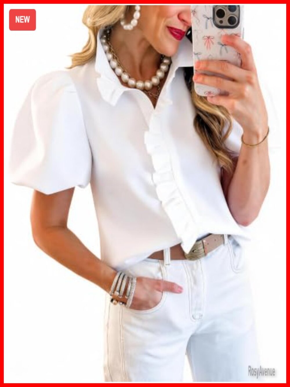 Puff Sleeve Ruffle Collar Button Down Blouse